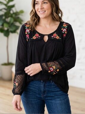 Time and Tru Black Embroidered Boho Peasant Blouse Sheer Mesh Keyhole Top XL